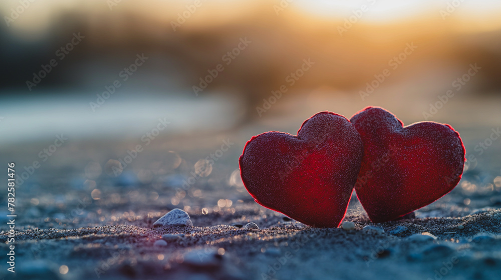 Fototapeta premium Two red heart ornaments on a sandy beach at sunset