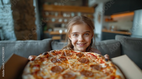 Smiling Girl Holding a Large Pepperoni Pizza