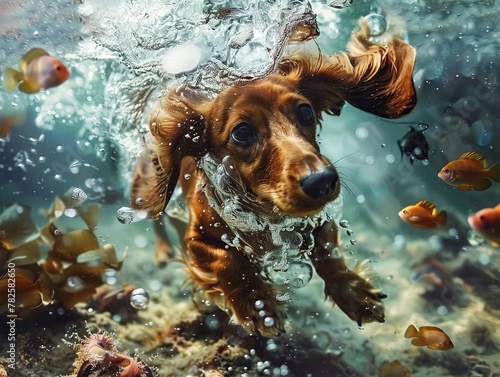 A playful cocker spaniel puppy joyfully swims in the water, its fur glistening as it splashes and frolics, embodying the exuberant spirit of a water-loving pet.