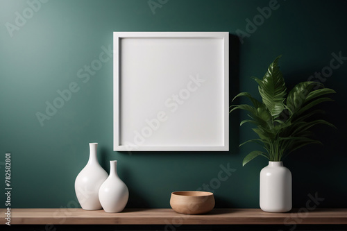 White empty wooden frame mock up,  Decorative marsh color wall with embossed panels. Dark green wall. Frame mockup. 3d rendering