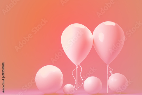 AI generative image of pink party balloons floating and on the ground on a pink and orange background edited in Photoshop. Space for writing.