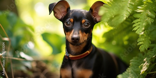 Toy terrier dog with caution and suspicion looks at camera, greenery background -, concept of Alertness photo