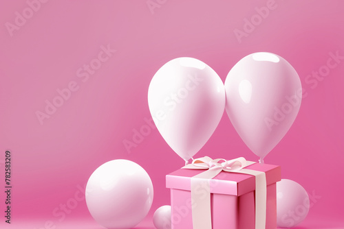 AI generative image of floating pink party balloons and gift box with ribbon on a pink background edited in Photoshop. Space for writing.