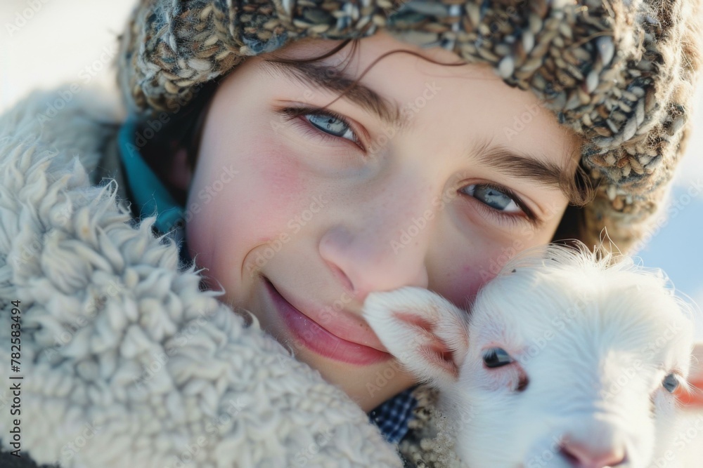 A young girl with a sheep in her arms smiling. Generative AI. A young girl with a sheep in her arms smiling. Generative AI.