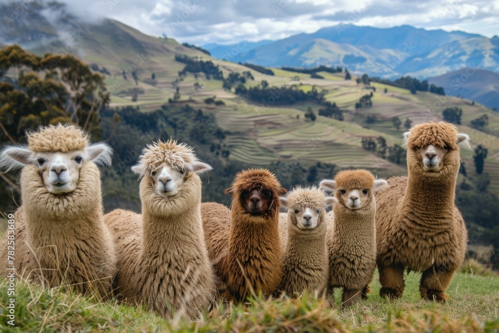 Obraz premium A group of alpacas are standing in a field with mountains behind them. Generative AI.