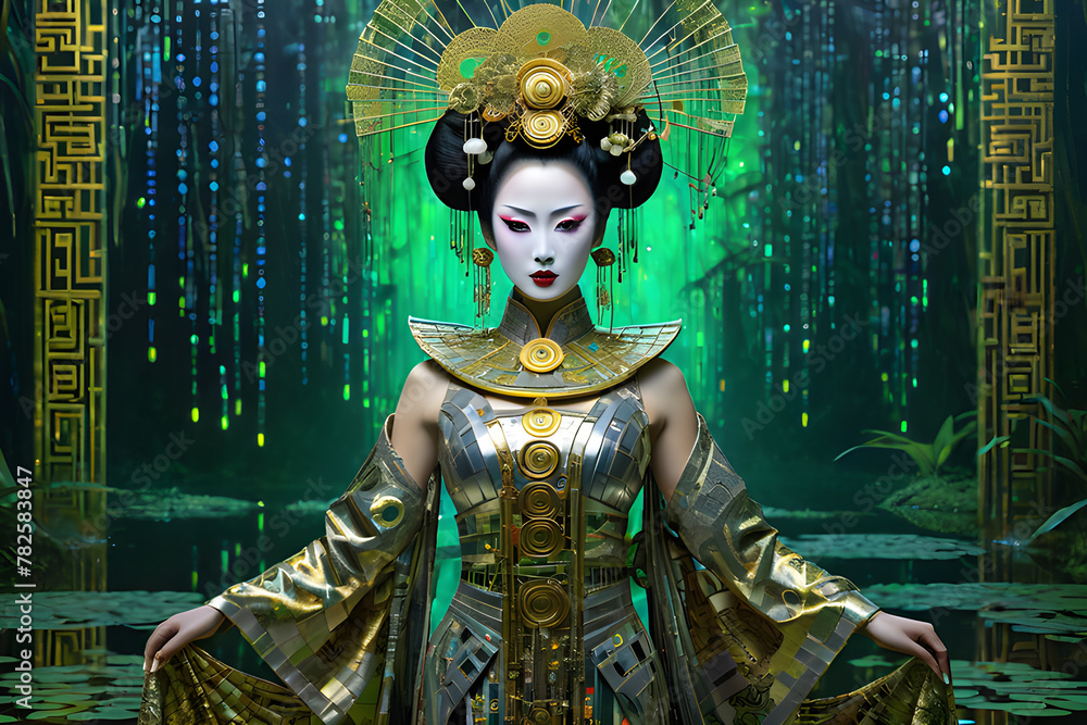 Fototapeta premium Girl in Japanese Attire by the Green Marsh.Generated by AI