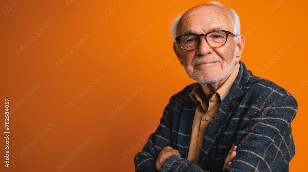 Obraz premium Close up Prtrait Of a business senior man against a orange studio background