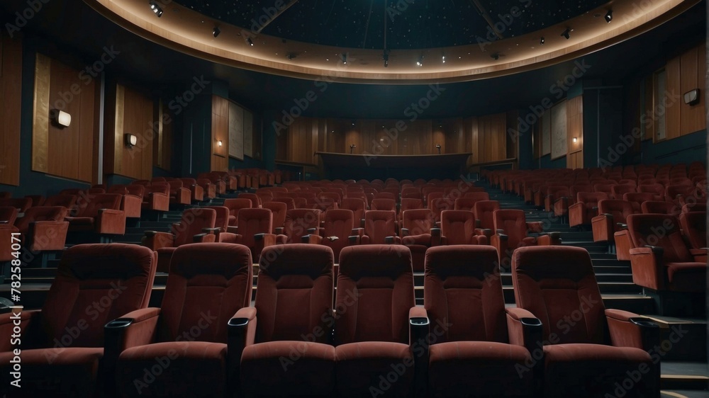 Theater seats in a dark room with a ceiling. Generative AI. Theater seats in a dark room with a ceiling. Generative AI.