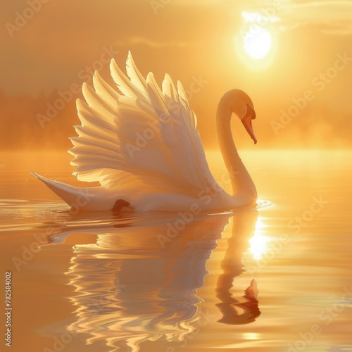 A swan is floating on the water with its wings spread. Generative AI.
