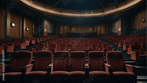 Theater seats in a dark room with a ceiling. Generative AI.