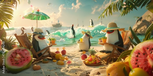 Three penguins sitting on chairs and eating watermelon at the beach. Generative AI.