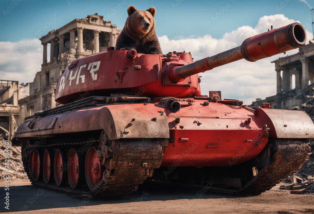 Bear on a Tank in a Ruined City.Generated by AI Bear on a Tank in a Ruined City.Generated by AI
