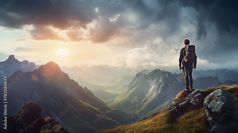 Fototapeta premium A lone trekker faces a stormy sunset atop dramatic mountain scenery
