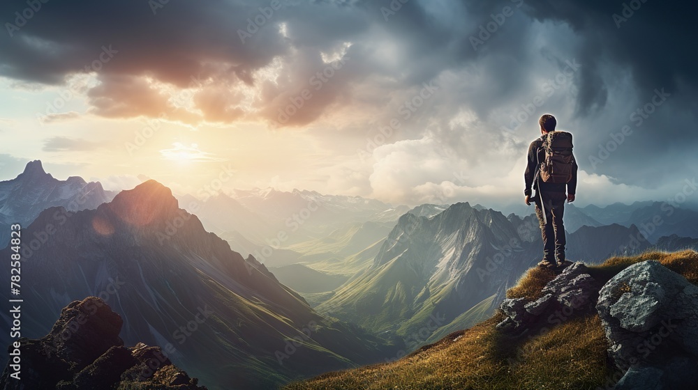 A lone trekker faces a stormy sunset atop dramatic mountain scenery