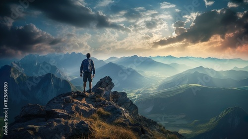 Lone traveler gazes at a stunning landscape of towering mountains and sweeping valleys at sunset