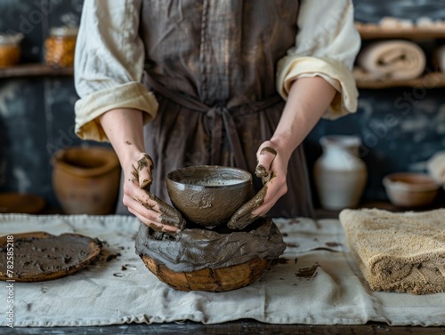 A person making a pottery bowl with clay on top of the table. Generative AI.