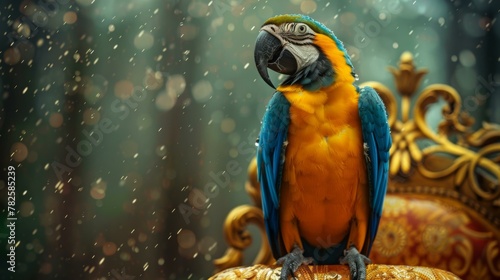 A colorful parrot sitting on a golden chair in the rain. photo