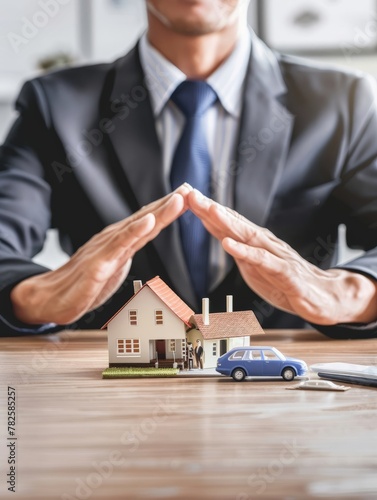 A businessman's hands hold over a model house and car, symbolizing security and protection for potential buyers