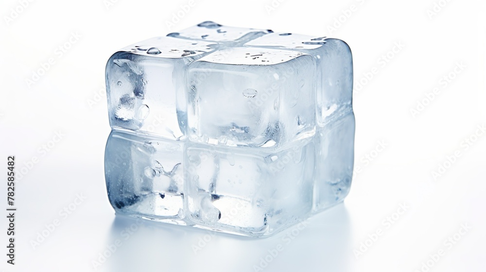 Transparent ice cubes stacked displaying frost and clarity, focused on shapes and light reflection Transparent ice cubes stacked displaying frost and clarity, focused on shapes and light reflection