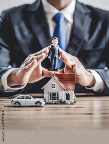 A businessman's hands hold over a model house and car, symbolizing security and protection for potential buyers photo