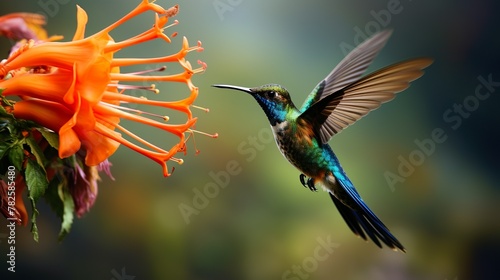 A brilliantly captured scene of a hummingbird flying close to some radiant orange trumpet flowers, symbolizing the beauty of nature's interplay photo