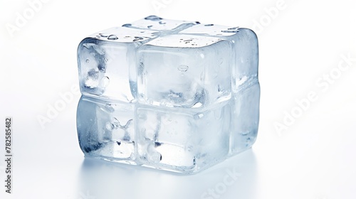 Transparent ice cubes stacked displaying frost and clarity, focused on shapes and light reflection