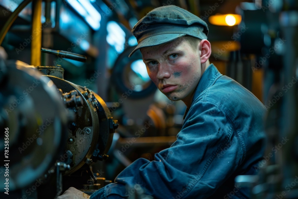 A man in a blue cap working on machinery inside of an industrial building. Generative AI. A man in a blue cap working on machinery inside of an industrial building. Generative AI.
