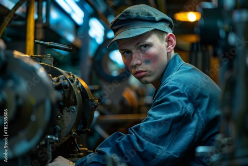 A man in a blue cap working on machinery inside of an industrial building. Generative AI.