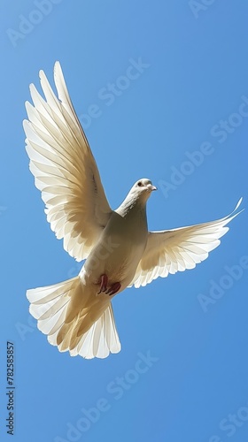 A white bird flying in the sky with its wings spread. Generative AI.