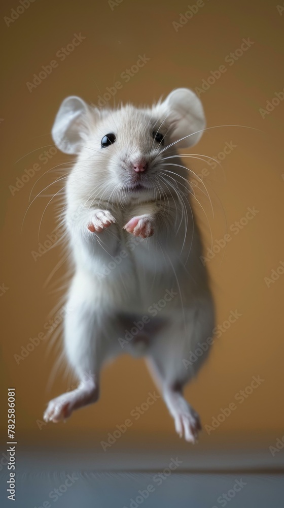 A white mouse with black spots on its back is jumping. Generative AI.
