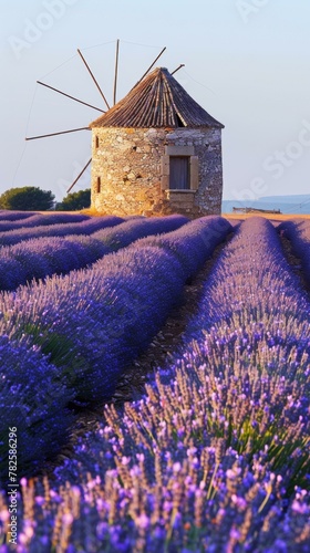 A windmill is in the middle of a field with lavender. Generative AI.