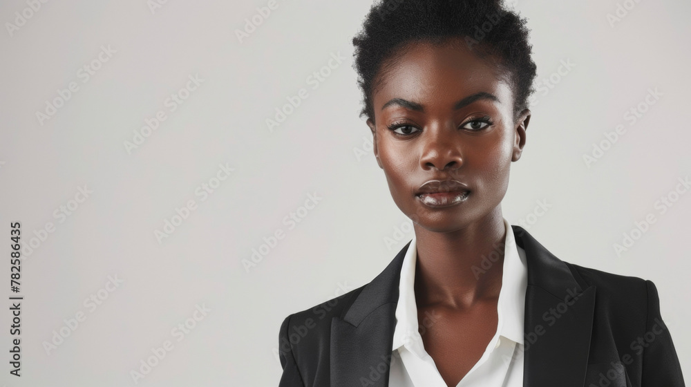 A radiant black woman stands tall showcasing a fashionforward outfit with a distinctly Modernist influence. Her clean boxy blazer crisp white blouse and tailored trousers exude both . A radiant black woman stands tall showcasing a fashionforward outfit with a distinctly Modernist influence. Her clean boxy blazer crisp white blouse and tailored trousers exude both .