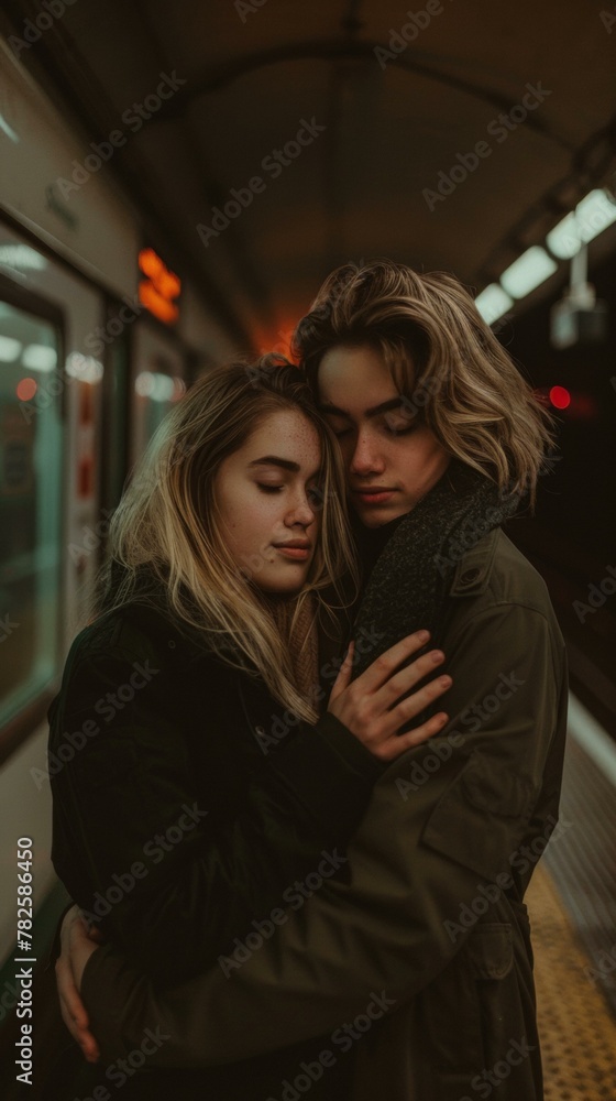 A couple hugging each other on a train platform. Generative AI. A couple hugging each other on a train platform. Generative AI.