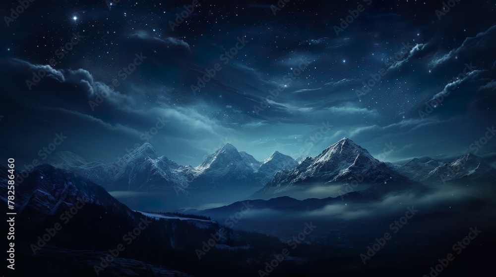 A serene nightscape of snow-capped mountains under a starry night sky with a foreground of shadowy forest A serene nightscape of snow-capped mountains under a starry night sky with a foreground of shadowy forest