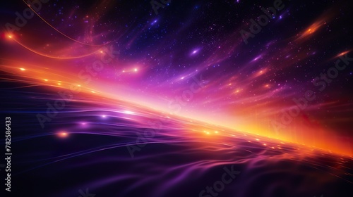 The image captures a dynamic and vibrant scene of cosmic waves sweeping across a starlit space  imbued with colors of pink and purple