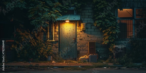 A door to a house lit up at night with some trash on the ground. Generative AI.