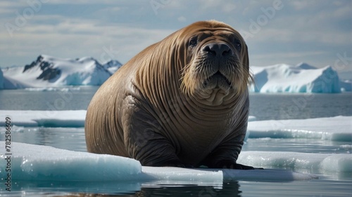 A walrus is sitting on some ice. Generative AI.