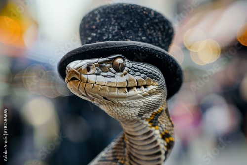 A snake wearing a hat on its head in the street. Generative AI.