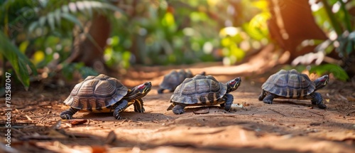 A group of small turtles walking on a dirt path. Generative AI. photo