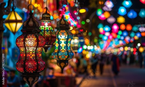 A street with many colorful lanterns hanging from the ceiling.