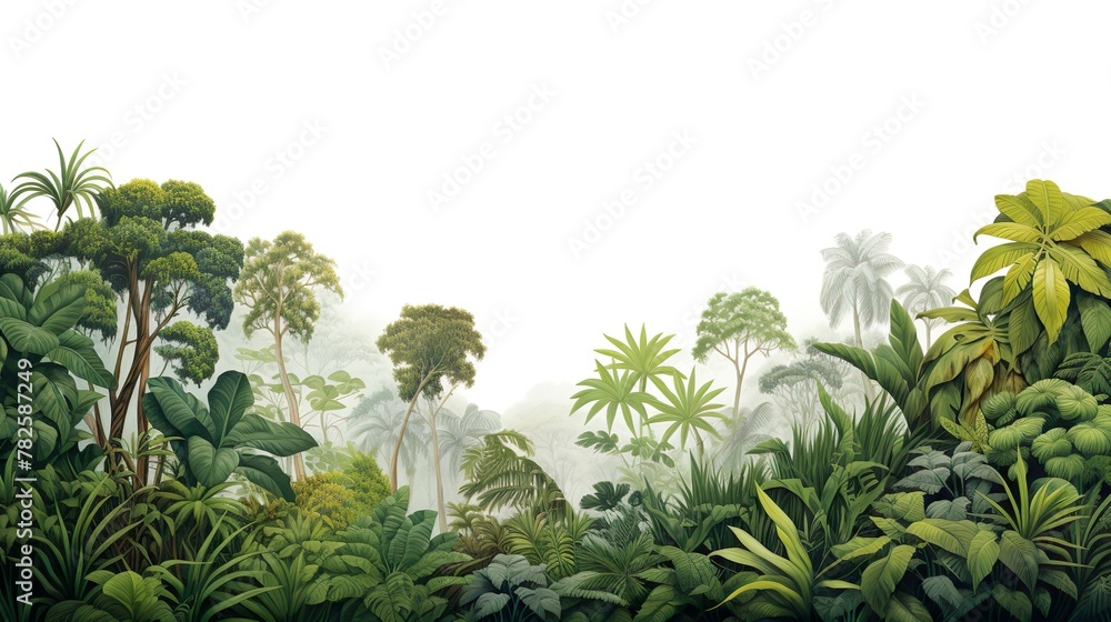 Obraz premium A panoramic view of dense tropical vegetation engulfed in a soft mist, portraying a tranquil natural habitat