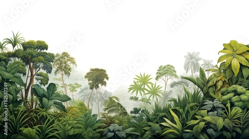 A panoramic view of dense tropical vegetation engulfed in a soft mist, portraying a tranquil natural habitat