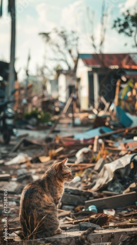 A cat sitting on a pile of rubble next to a destroyed building. Generative AI.