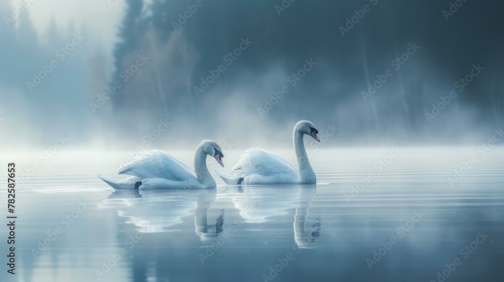 Fototapeta premium Two swans are floating on a lake in the mist. Generative AI.