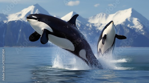 A pair of orcas, also known as killer whales, are captured mid-jump against a backdrop of icy mountains © Damerfie
