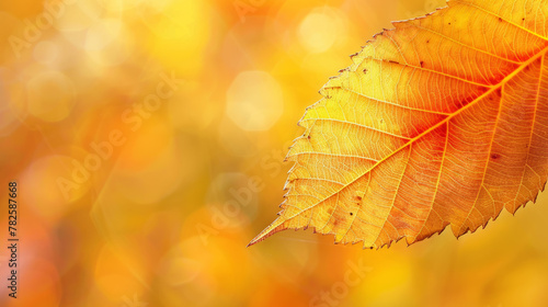 Close-up of a leaf with autumn colors  blurred background.