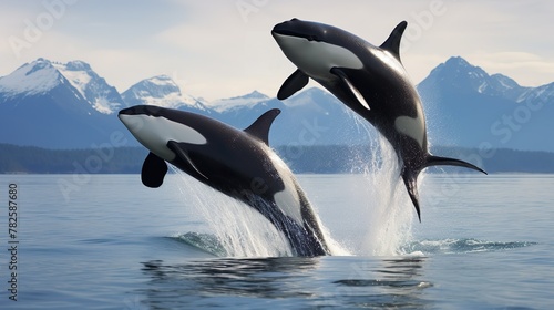 An exhilarating sight of two orcas leaping together with athletic precision above calm sea waters photo