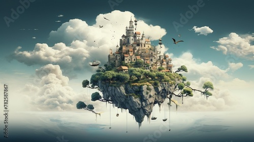 A surreal floating island with a mystical castle above the clouds photo