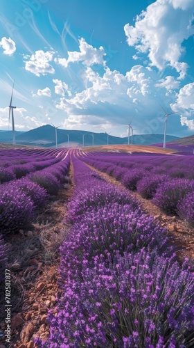 A field of lavender with wind turbines in the background. Generative AI.