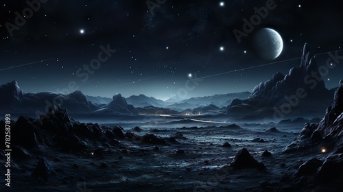 A serene cosmic panorama showcasing settlements under a starry sky with multiple moons Ideal for fantasy tales photo